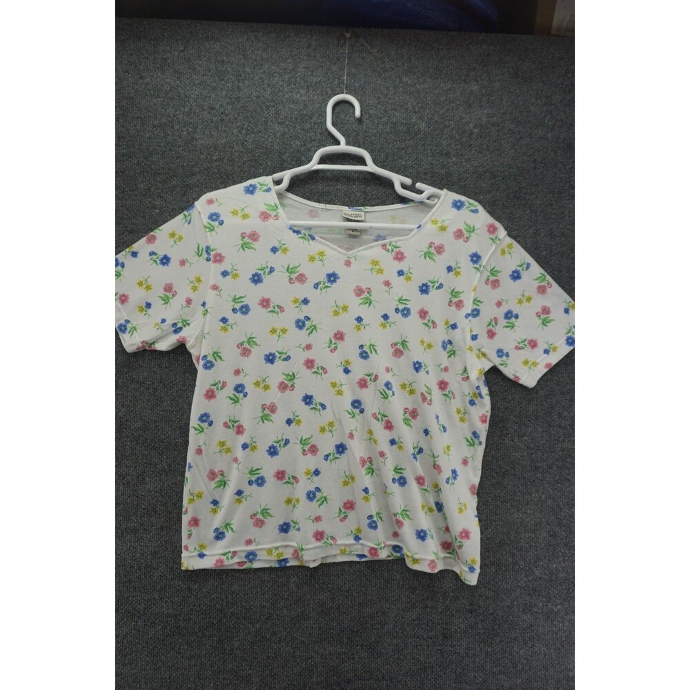 Classic Elements T Shirt Womens XL White Floral Short Sleeve Shoulder Pads